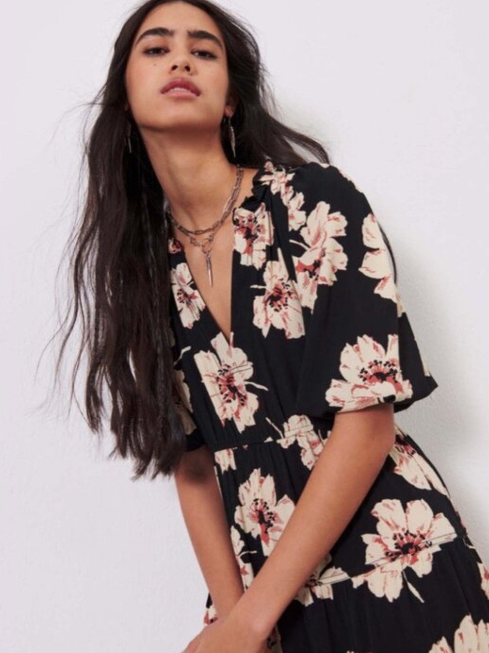 ba&sh Black Floral Dress with Cream and Blush Accents